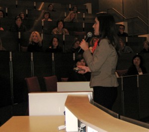Elizabeth speaking at an all-Wells Fargo event sponsored by Women in Technology