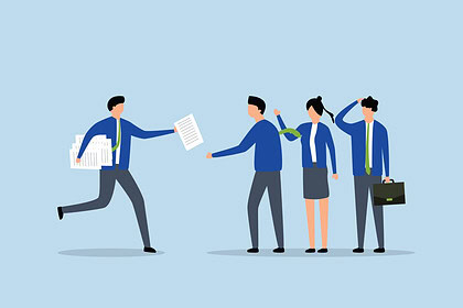 leader delegating paper to staff on blue background